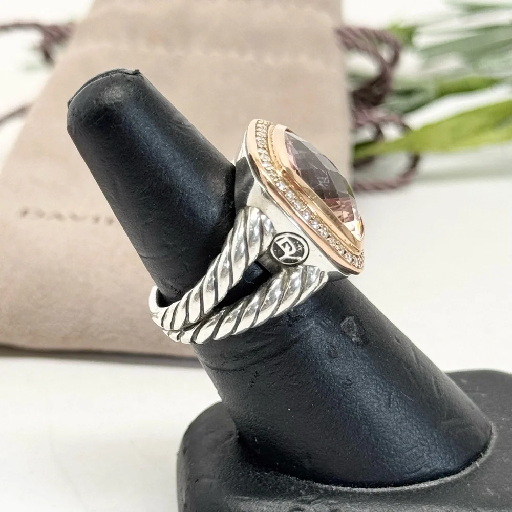 David Yurman 14mm Morganite Diamond Albion Ring .925 18K Rose Gold Sz 7 - Picture 6 of 10